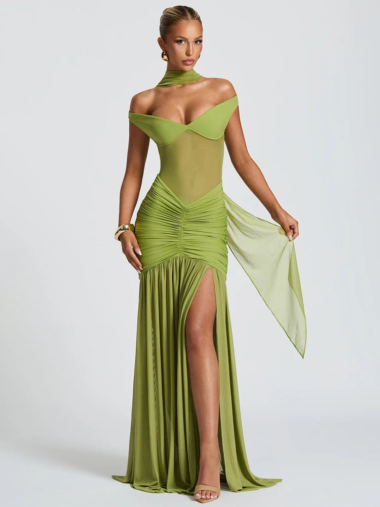 Mozision Off-shoulder Backless Sexy Maxi Dress Women Gown Halter Sleeveless Backless Thigh High Split Club Party Long Dress - Smarsty
