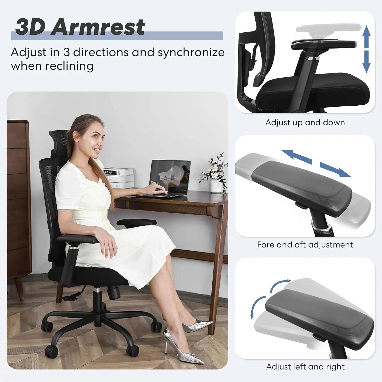 New Ergonomic Mesh Adjustable Lumbar Support Office Chair 120°Tilt High Back Comfortable Computer Chair with Soft Flip Up Arms