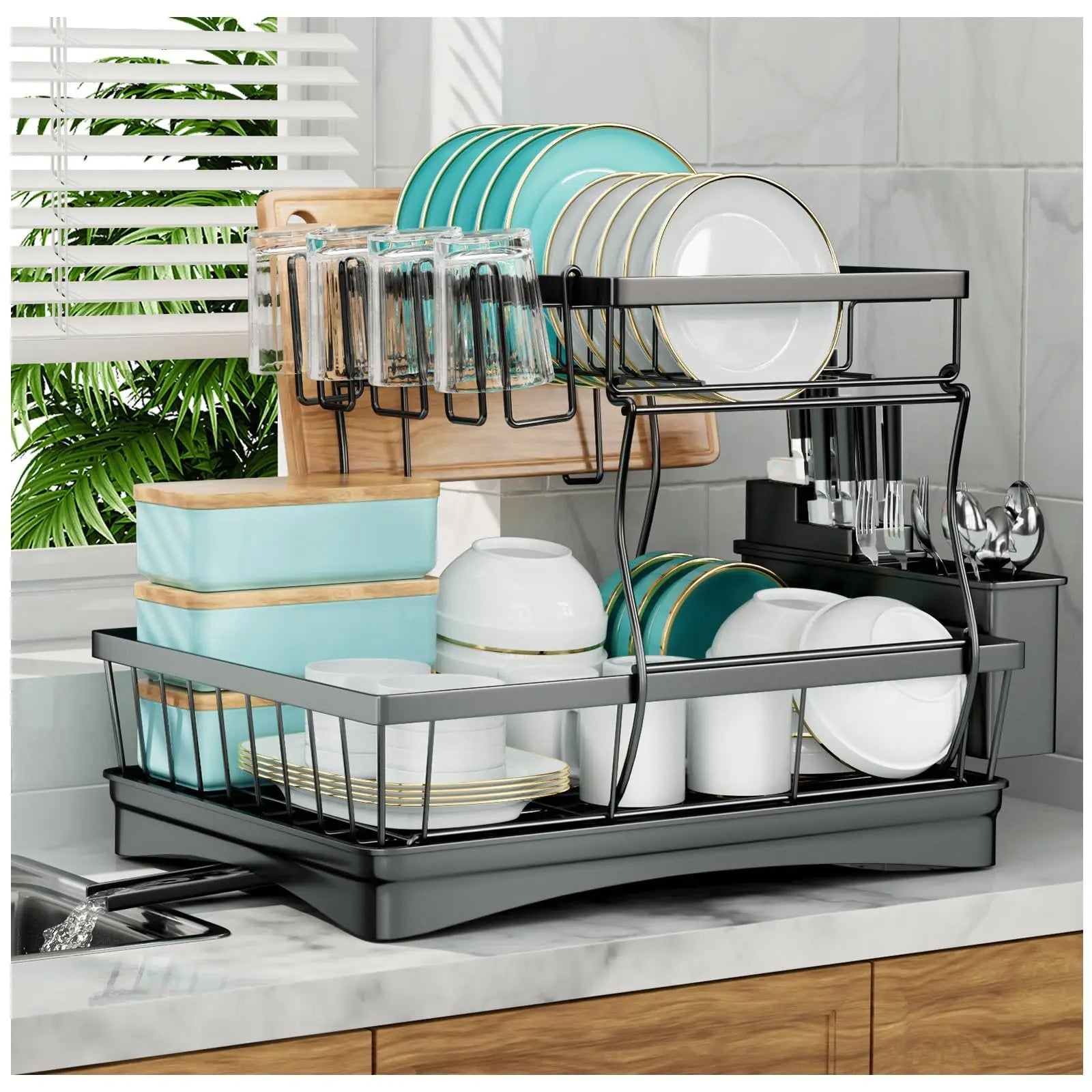 Large 2-tier dish drying rack for kitchen countertops, removable large-capacity dish draining rack by Smarsty