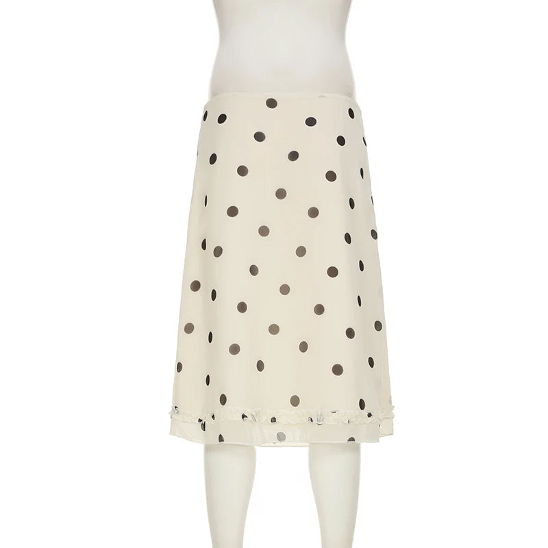 BIIKPIIK Casual Women Polka Dot Skirts Lettuce Trim Beige Elegant Midi Skirts Streetwear Simple All-match Bottom Clothing Spring - Smarsty