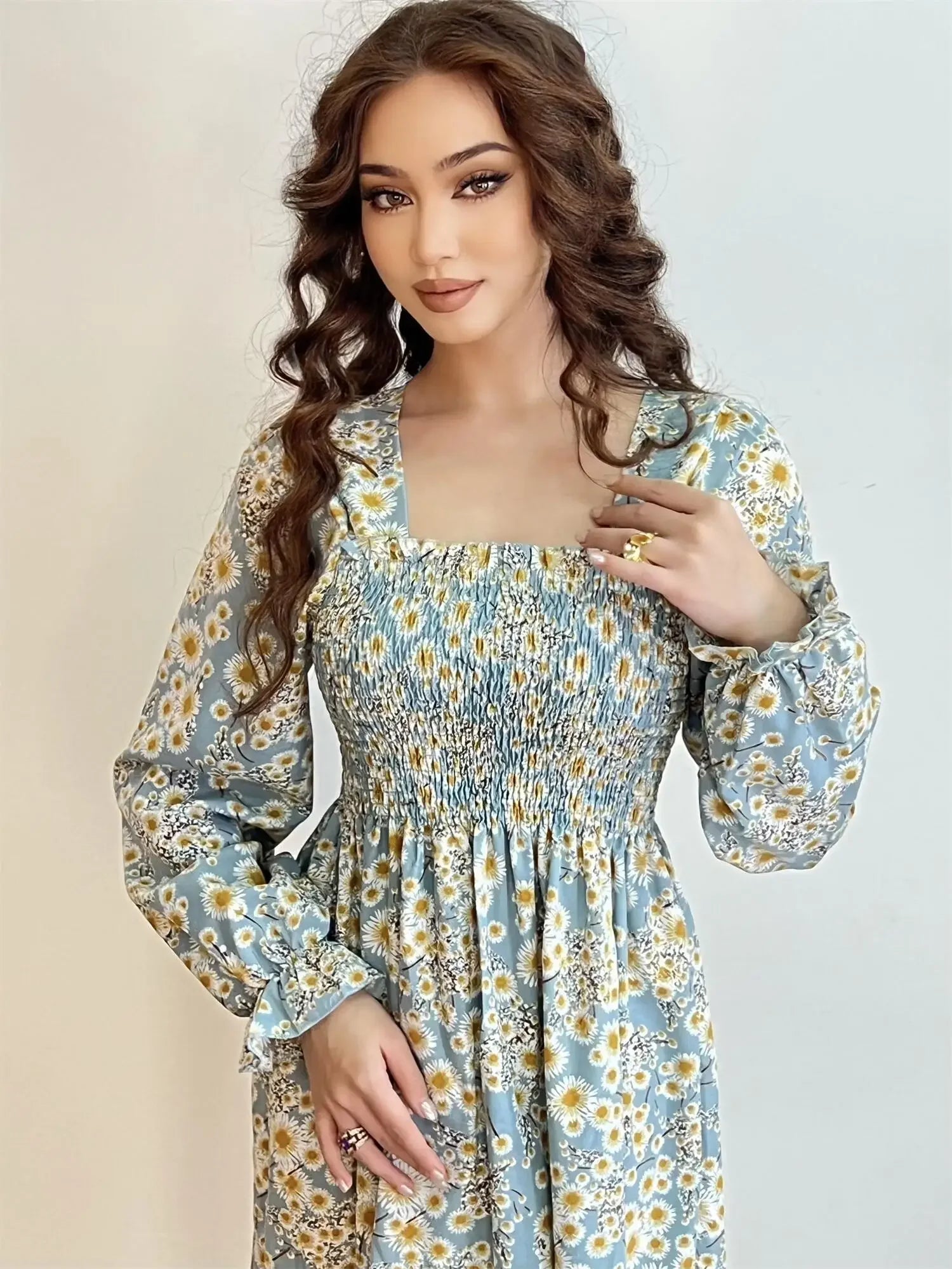 Long Sleeve Casual Dress Women Chiffon Dresses Autumn Spring A-line Printed Floral Elastic Chest Lace Up Midi Dresses Vestidos - Smarsty