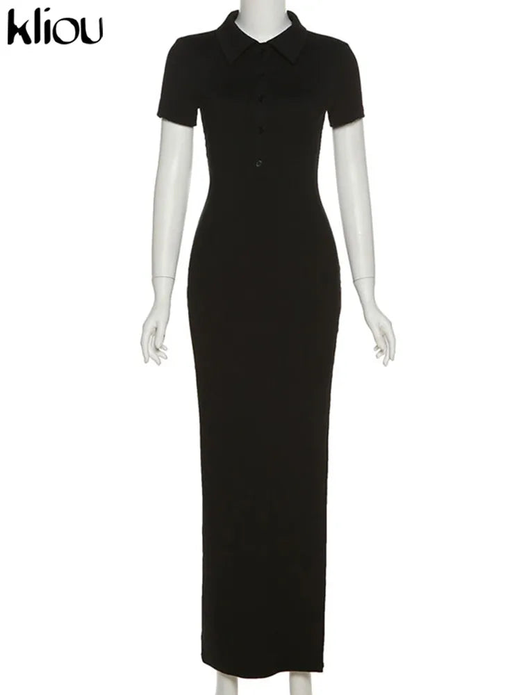 Kliou Elegant Office Lady Maxi Dress Women Solid Fashion Turn-down Collar Short Sleeve Button Side Slit Body-Shaping Street Robe - Smarsty