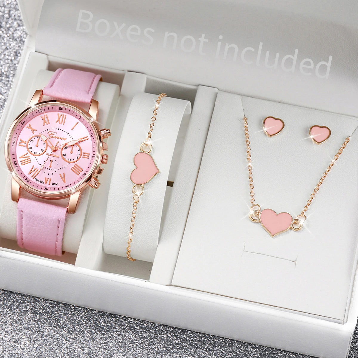 5/6PCS Fashion Women's Quartz Watch Leather Band Analog Wrist Watches Heart Rhinestone Jewelry Set(Without Box) - Smarsty