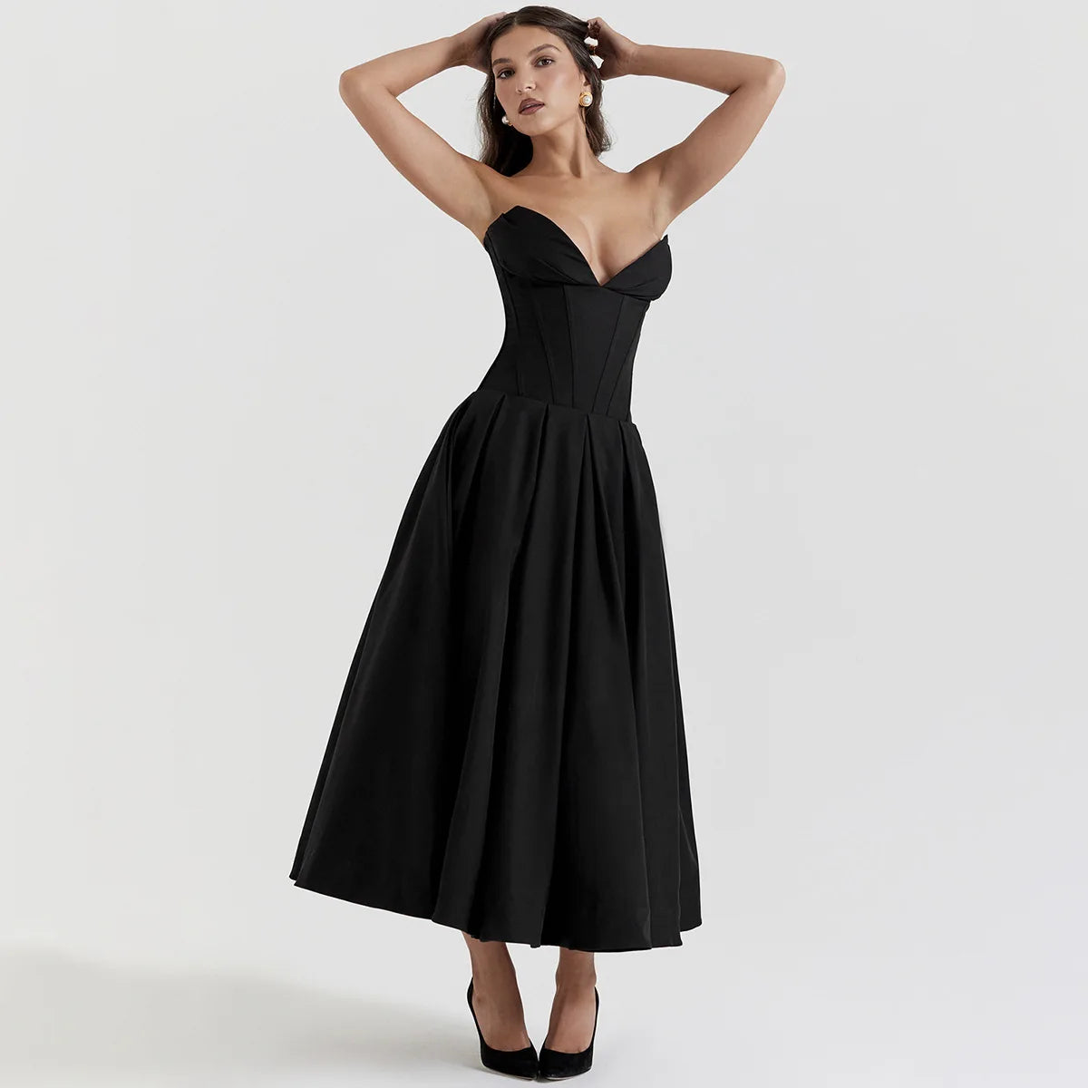 Suninheart Black Elegant Wedding Events Dress Sexy Strapless Corset Dress Midi Christmas Party Dresses for Women Clothing 2023 - Smarsty