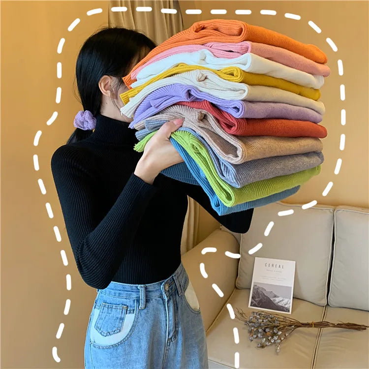 2025 Autumn Winter Women Long Sleeve Knitted Foldover Turtleneck Ribbed Pull Sweater Soft Warm Femme Jumper Pullover Clothes - Smarsty