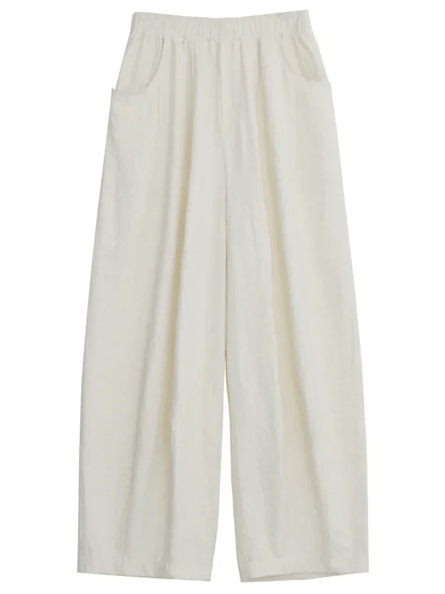 CHIC VEN Women White Pants Solid Casual Elastic Waist High Waisted Pleated Wide Leg Female Trousers Fold Summer 2025 Clothing - Smarsty