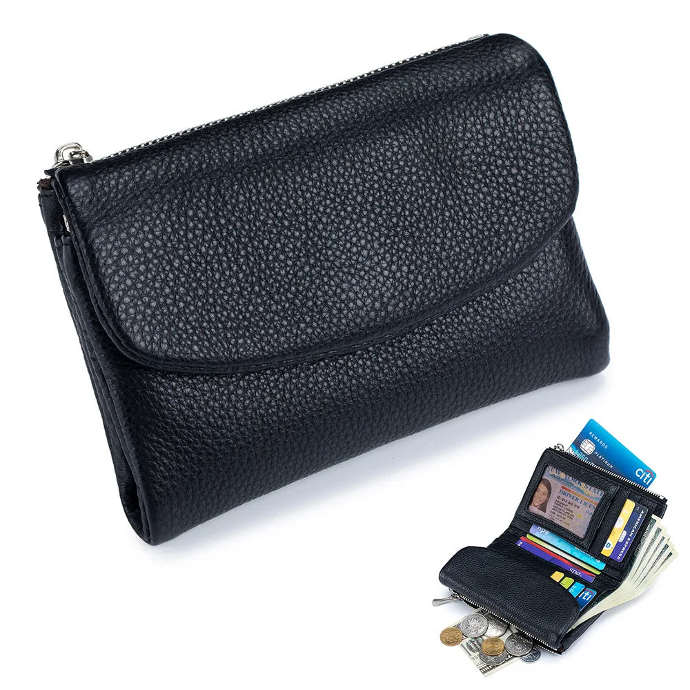 Coin Purse Genuine Cow Leather Short Wallet Trifold for Small Women's Purses Clutch Cowhide Card Holder Travel Card Wallets