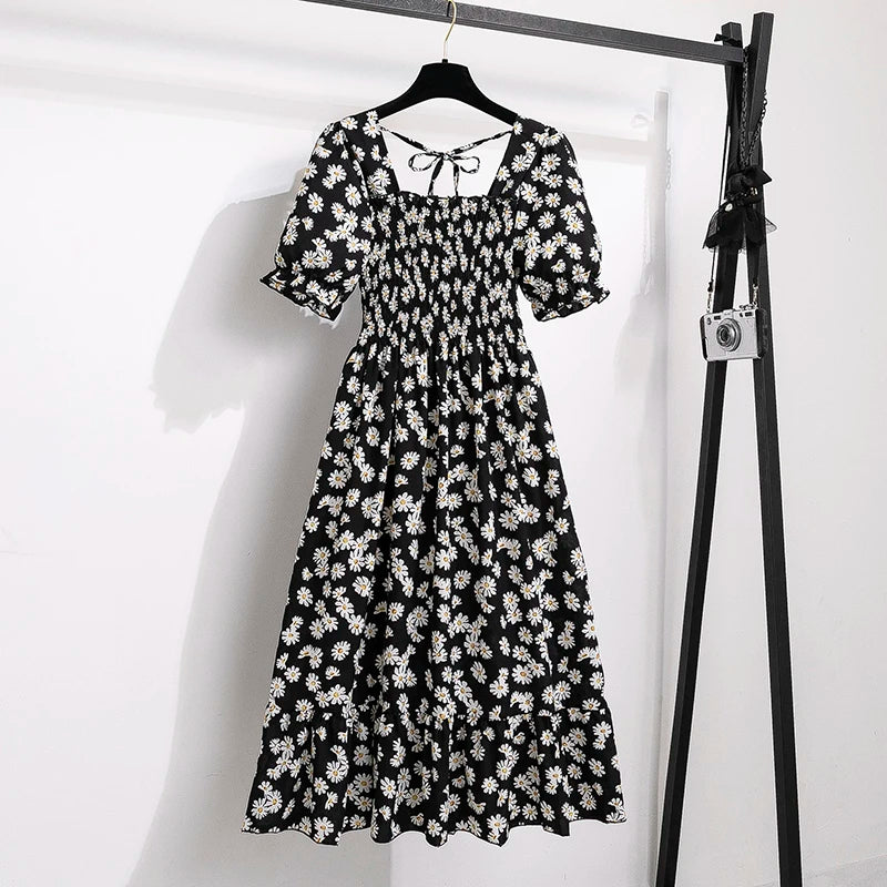 Spring Summer Chiffon Dresses Fashion Female Elastic Waist Short Sleeve Pleated Casual Dress Women A-line Dresses Vestidos - Smarsty