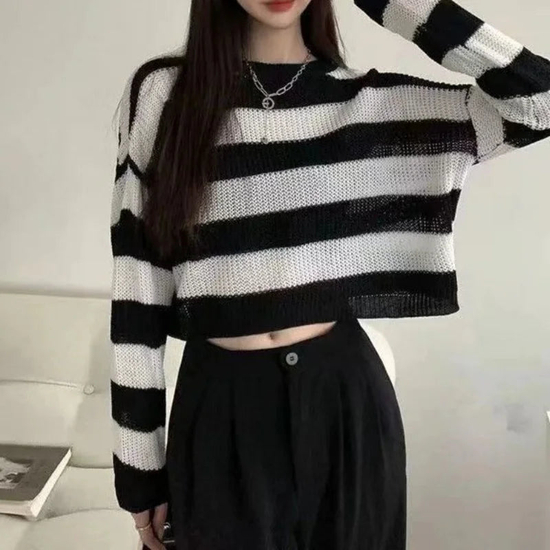 Korean Style Striped Cropped Sweater Women Vintage Oversize Knit Jumper Female Autumn Long Sleeve O-neck Pullovers Tops - Smarsty