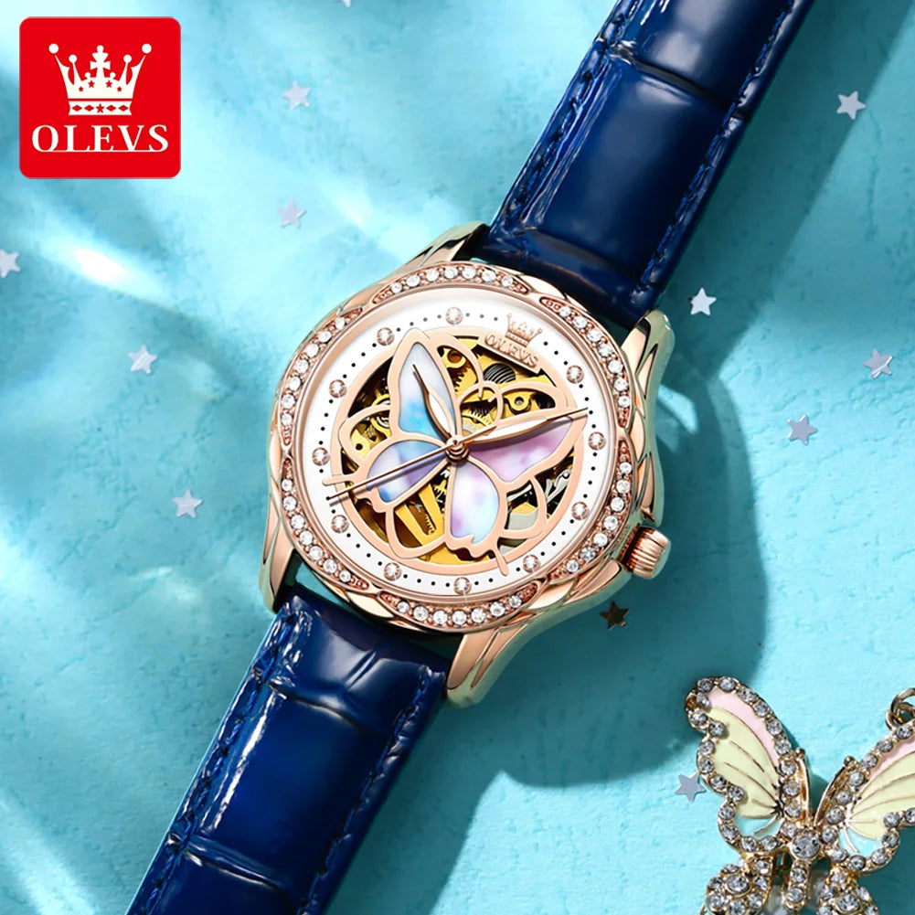 OLEVS 6615 Womens Watch Original Bezel Ceramic Mechanical Automatic Wristwatch Waterproof Luminous Ladies Watch Butterfly Dial - Smarsty