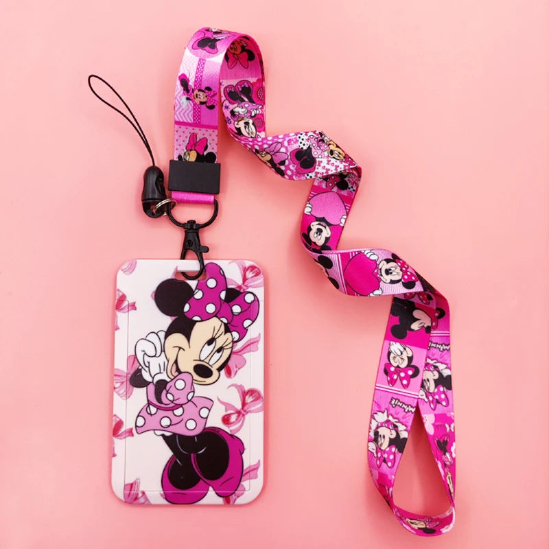 Disney Pink Lanyard ID Badge Holder Mickey Credit Card Case Neck Strap Minnie Card Holders Girl Credentials Accessories Keychain