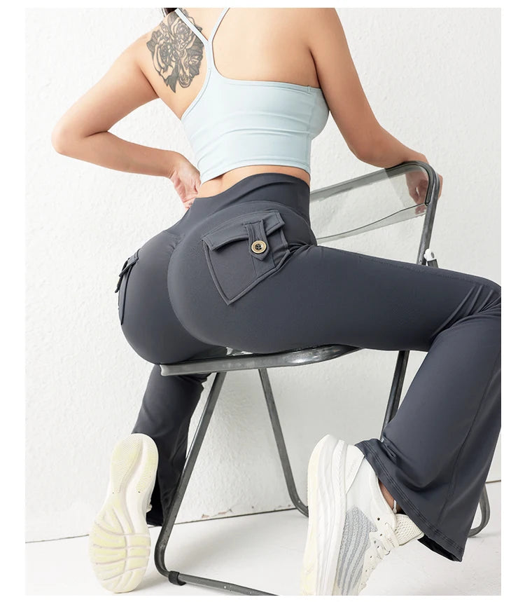 Solid Color Butt Lifting Gym Fitness Pants High Waist Flared Yoga Leggings for Women - Smarsty