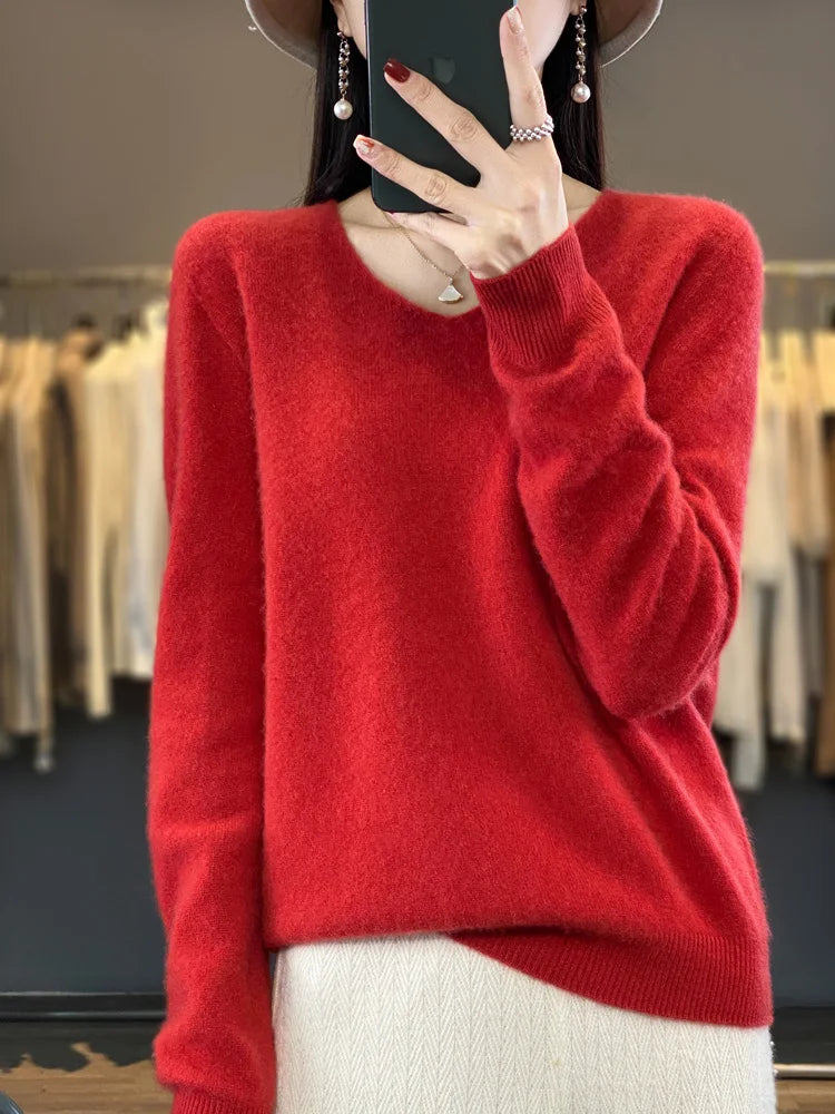 Fashion100% Merino Wool Sweater Cashmere Pullover Women Knitwear V-Neck Long Sleeve Autumn Winter Fashion Basic Clothing Tops - Smarsty
