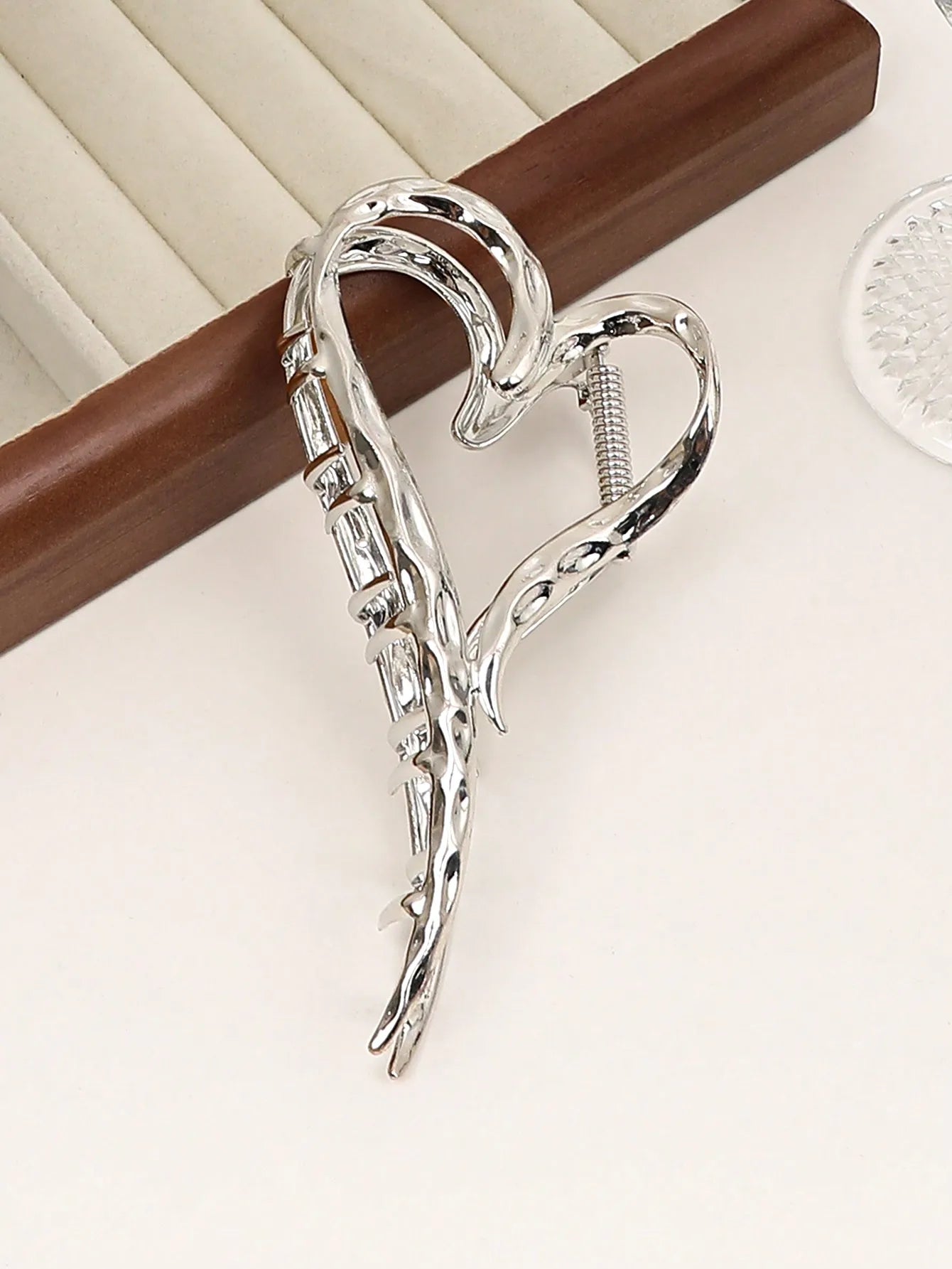 Large Silver Heart Hair Claw Clip Elegant Secure Hold - Smarsty