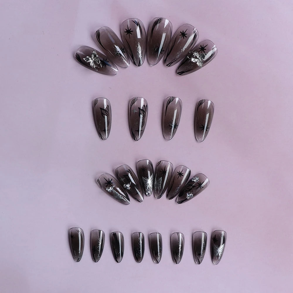Stiletto Press On Nails Set with Black Silver Bowknot - Smarsty