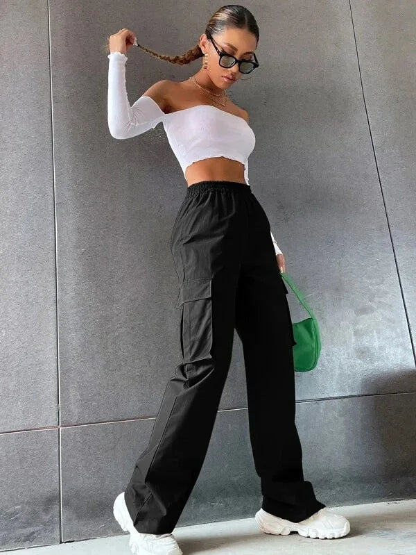 Fashion Women Baggy Joggers Pants Casual Communte Female Chic Straight Cargo Pant Elastic High Waist Elegant Oversized Trousers - Smarsty