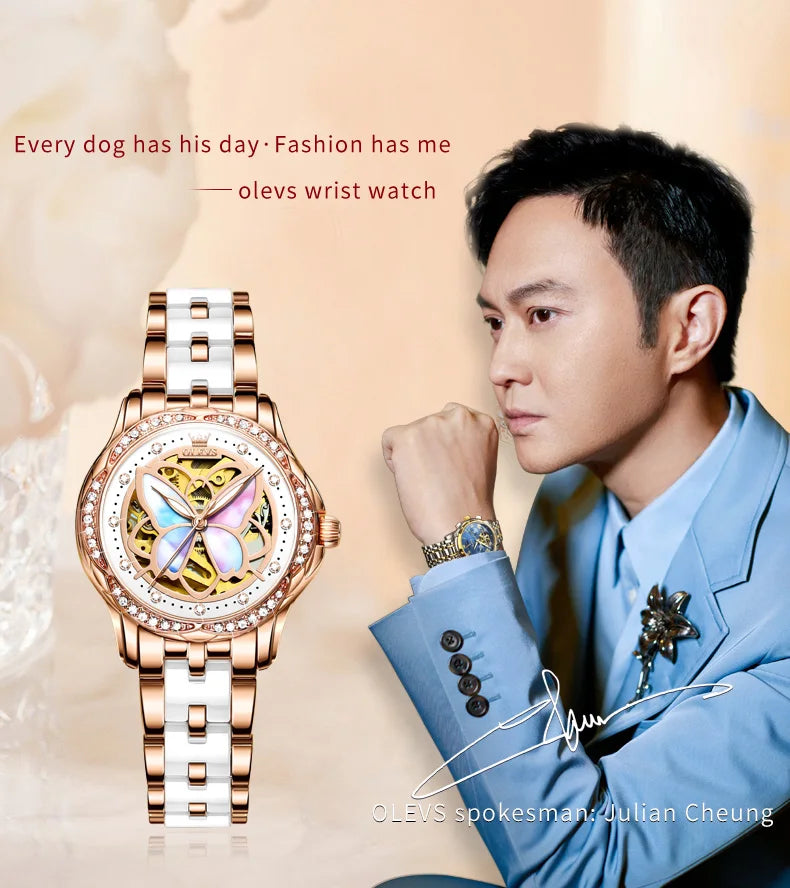 OLEVS 6615 Womens Watch Original Bezel Ceramic Mechanical Automatic Wristwatch Waterproof Luminous Ladies Watch Butterfly Dial - Smarsty