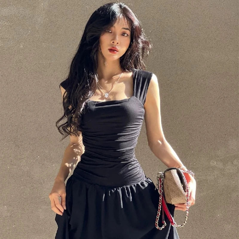 WhereMery Elegant Slip Long Dresses Sexy Women Ruched Bodycon Solid Maxi Dress Spring Y2K Summer Temperament High-waist Vestidos - Smarsty