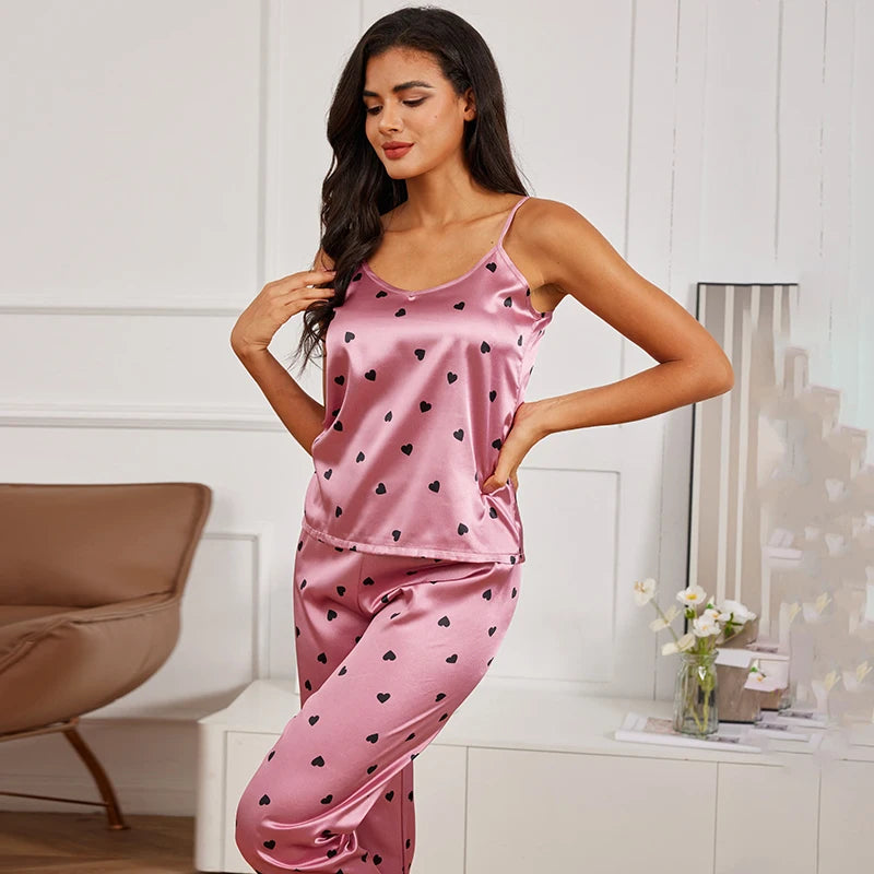 Women Satin Silk Pajamas Sets Letter Print Cami Vest Shirt With Trouser Sleepwear Ladie Sexy Pajama Lingerie Pyjamas Nightwear - Smarsty