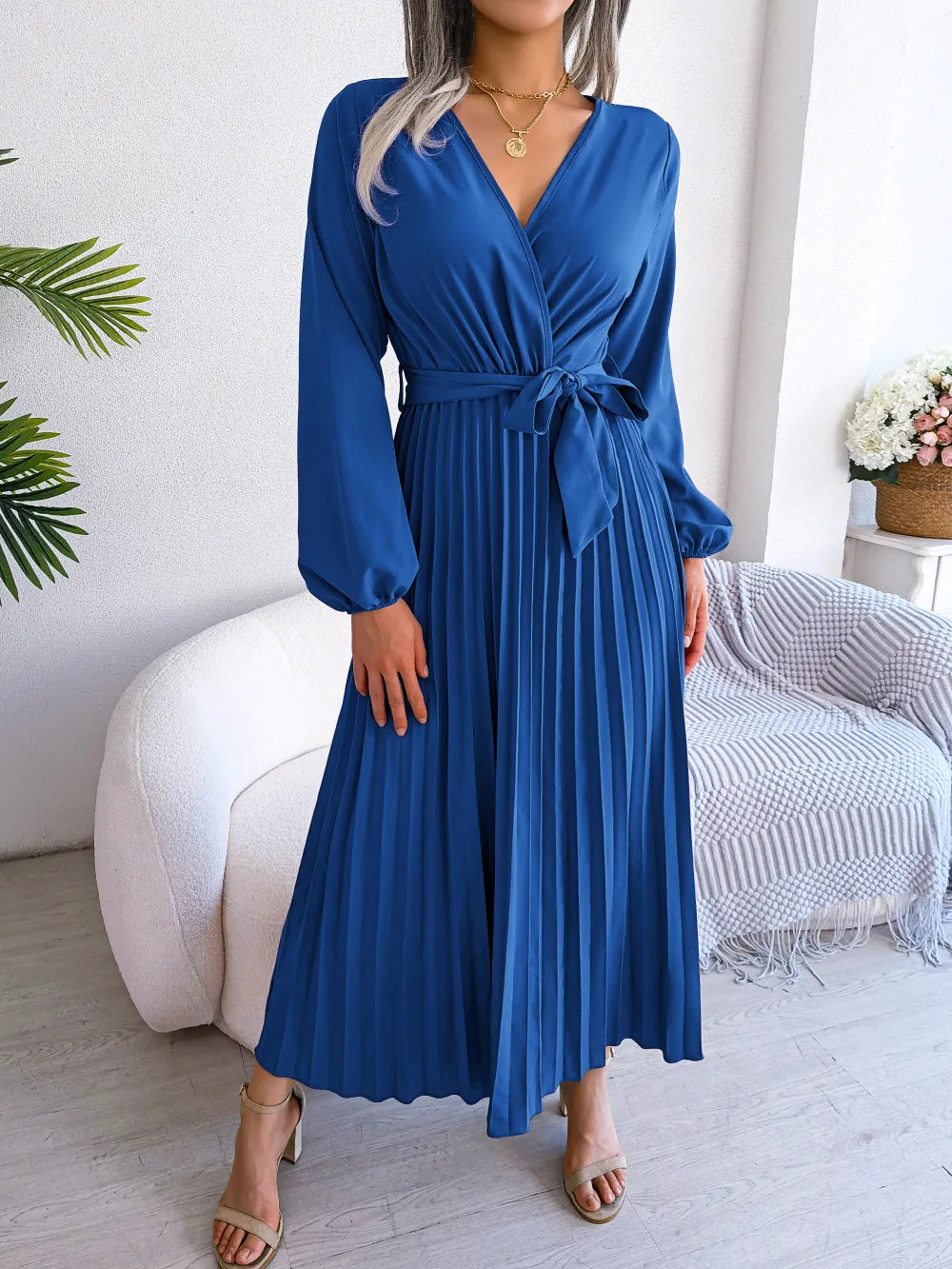 Women Elegant V Neck Long Sleeve Pleated Maxi Dress - Smarsty