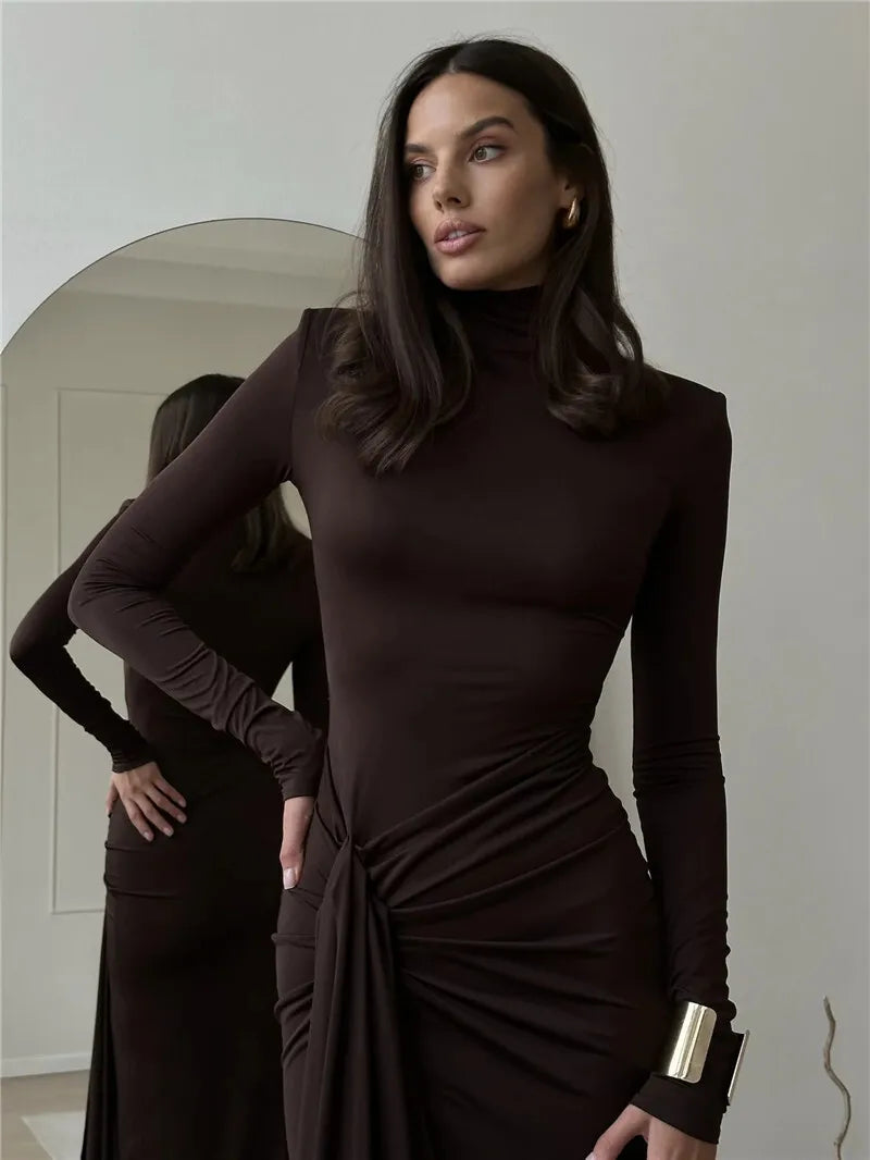 Mozision Turtleneck Thigh High Split Sexy Maxi Dress For Women Fashion Long Sleeve Draped Bandage Bodycon Club Long Dress - Smarsty