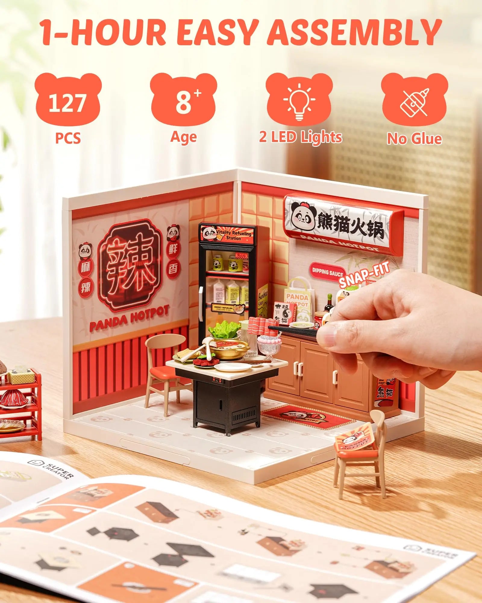 Rolife Panda Hot Pot DIY Modern Miniature Assembly Model Kit Tiny Accessories Themed Diorama For Stress Relief Kids Adults
