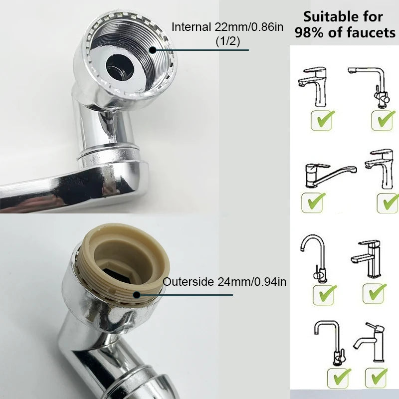 1080° Rotatable Extension Faucet Sprayer Head 2 Spray Modes Universal Bathroom Tap Extend Adapter Aerator - Smarsty