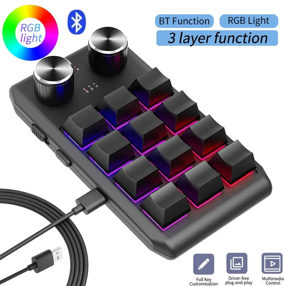 Bluetooth Macropad With 2 Knobs RGB 12 Key Mechanical