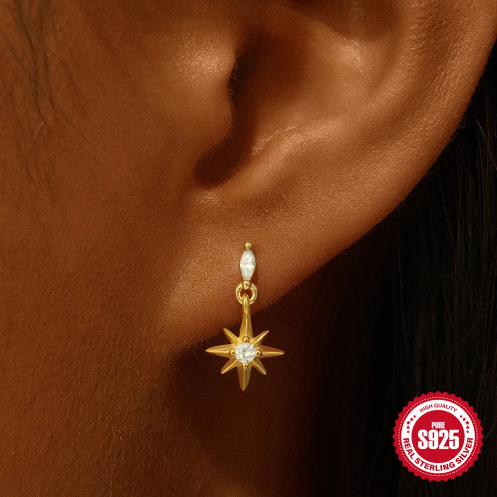 925 Silver Star Moon Zircon Stud Earrings Hypoallergenic - Smarsty