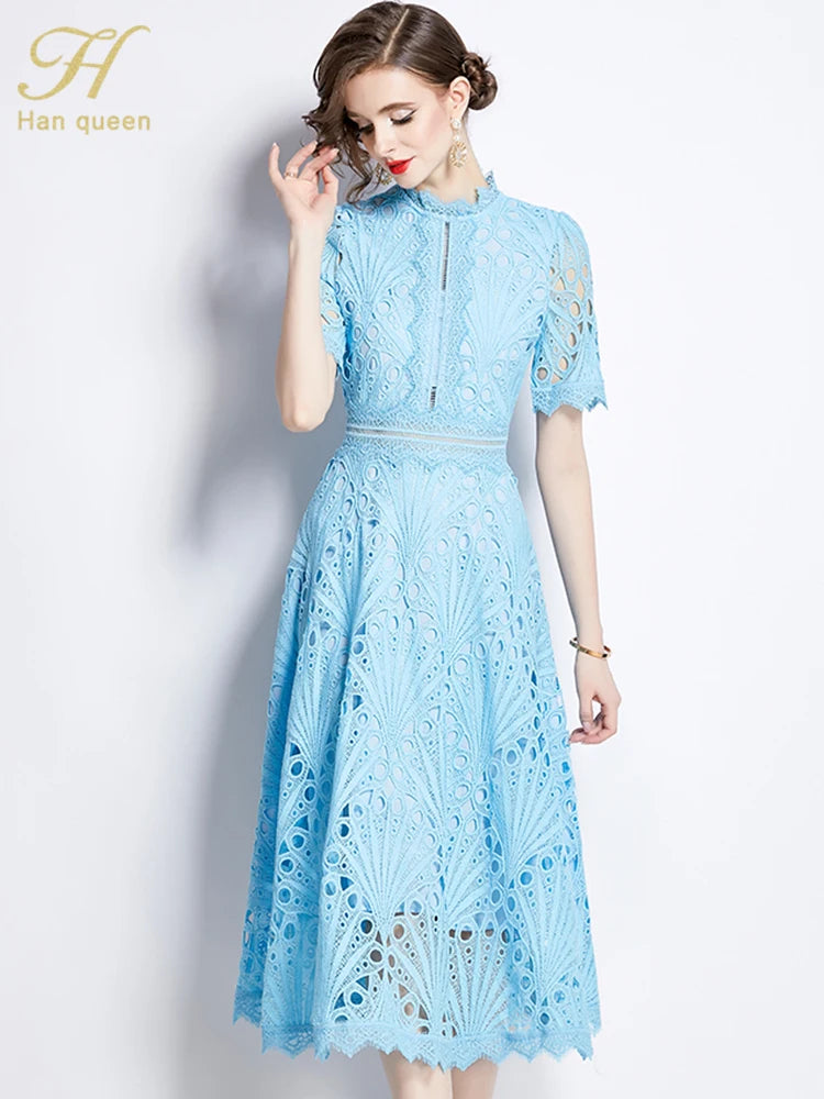 H Han Queen Spring New Elegant Casual Work Party Dresses Floral Crochet Hollow Out Lace Patchwork Casual Office Midi Dress - Smarsty
