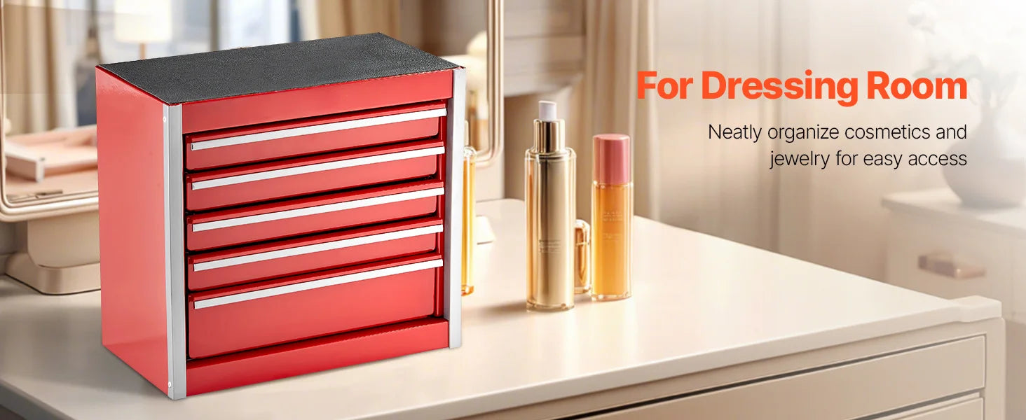 SucceBuy 5-Drawer 8.6in Metal Tool Box Red/Black Portable Small Tool Chest with PP Feet Pads for Garage Workshop Tools Storage