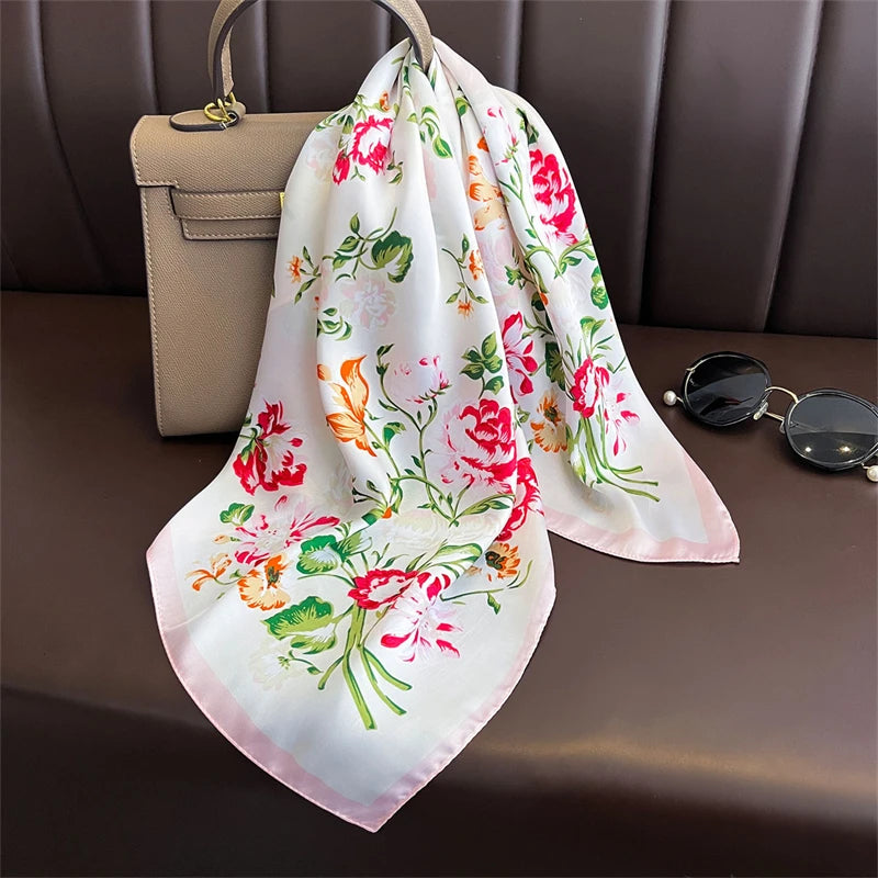 Bohemian Silk Square Scarf for Women Luxury Floral Print - Smarsty