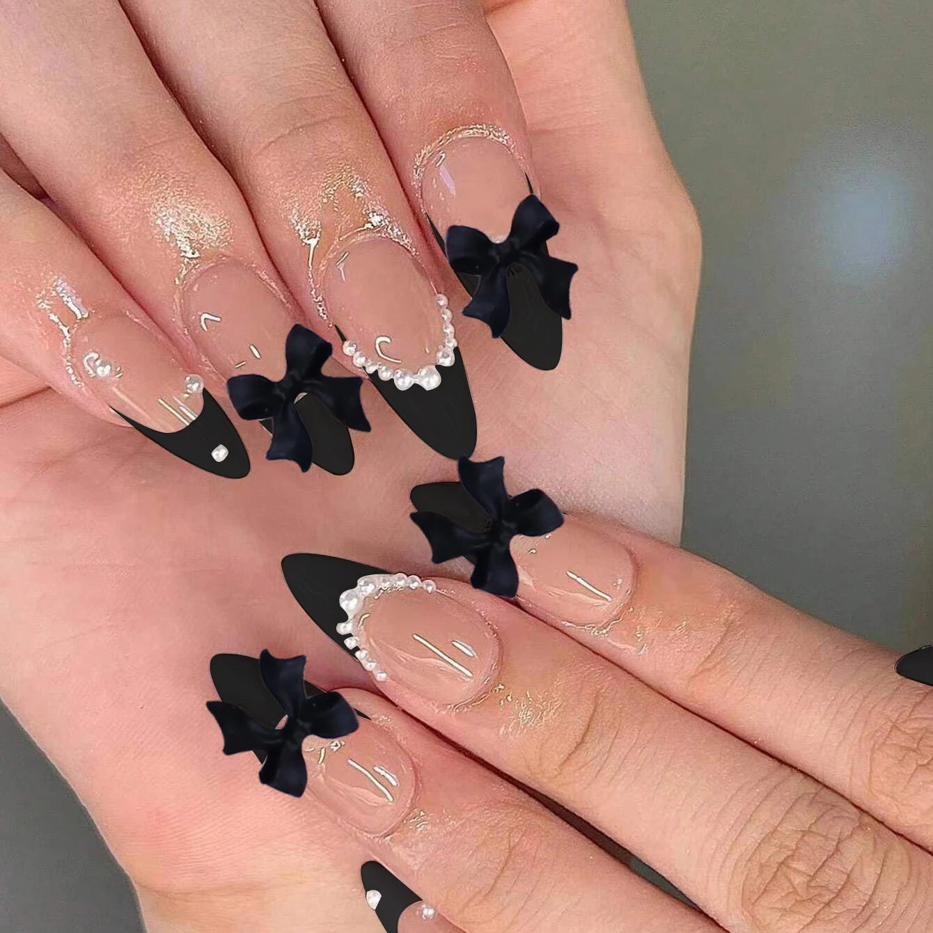 24PCS French Almond Fake Nails with Pearl Trim - Smarsty