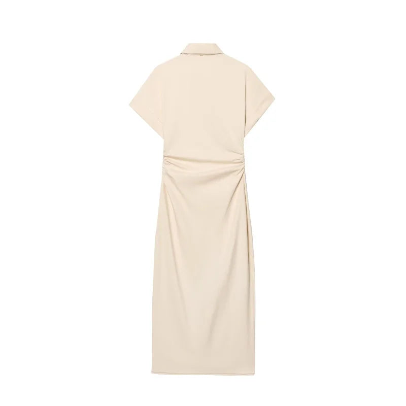 ETJ 2025 Spring New 1975 series denim MIDI dress with lapel side zipper fashion wrinkle waist slim elegant dress