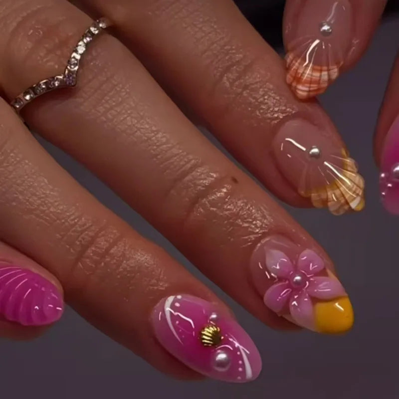 Colorful Press On Almond Nails Set with Pearl Flowers - Smarsty