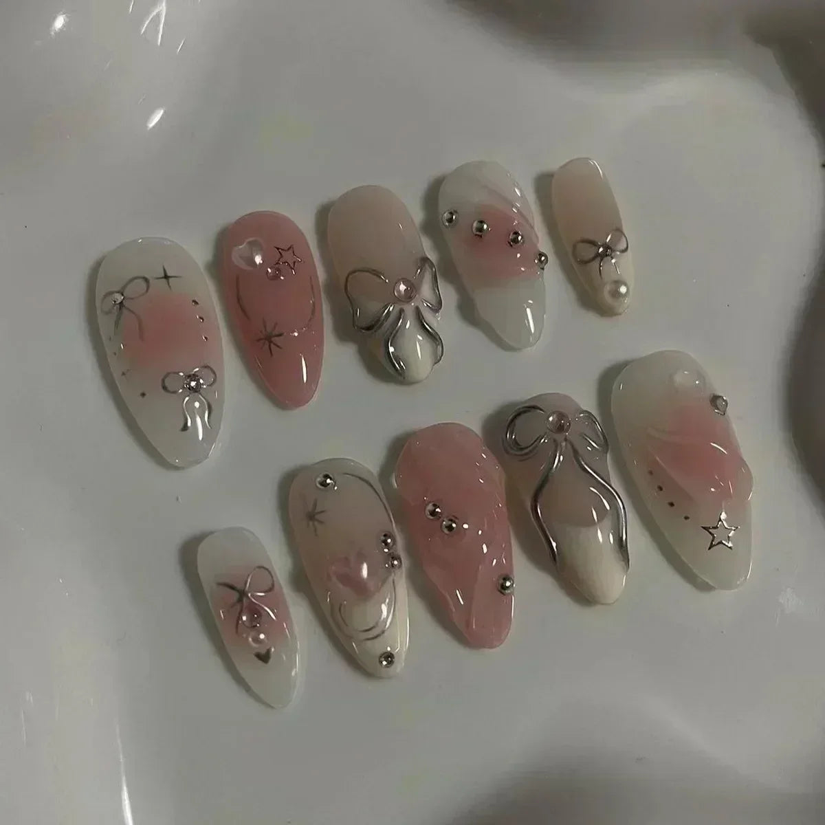 24Pcs Pink Almond False Nails with French Design - Smarsty