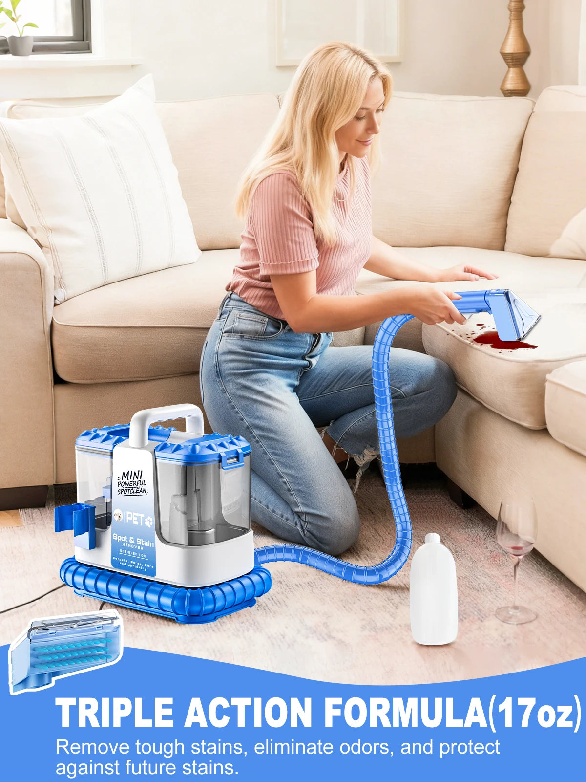 Carpet + Upholstery Cleaner Machine, 32Kpa Powerful Suction w/ 5 Cleaning Tools,Lightweight for Rug,Carpet,Car Seats,Pets,Stairs