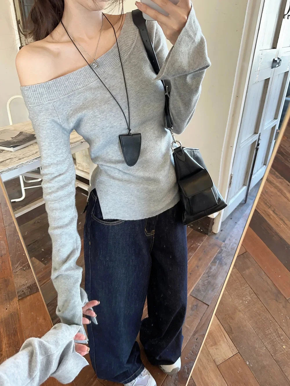 Sexy Pullovers Women Off Shoulder Cropped Knitted Basic Clothes Autumn All-match Side Slit Simple Tender Slim Gentle Seductive - Smarsty