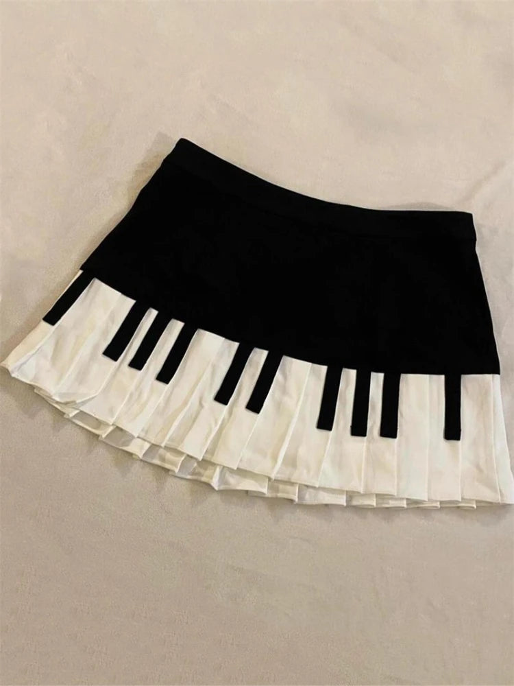 Spring Black White Spliced Women Short Skirt 2025 Y2k Slim Design Harajuku Mini Skirt Female Empire Korea Style Chic Piano Skirt - Smarsty