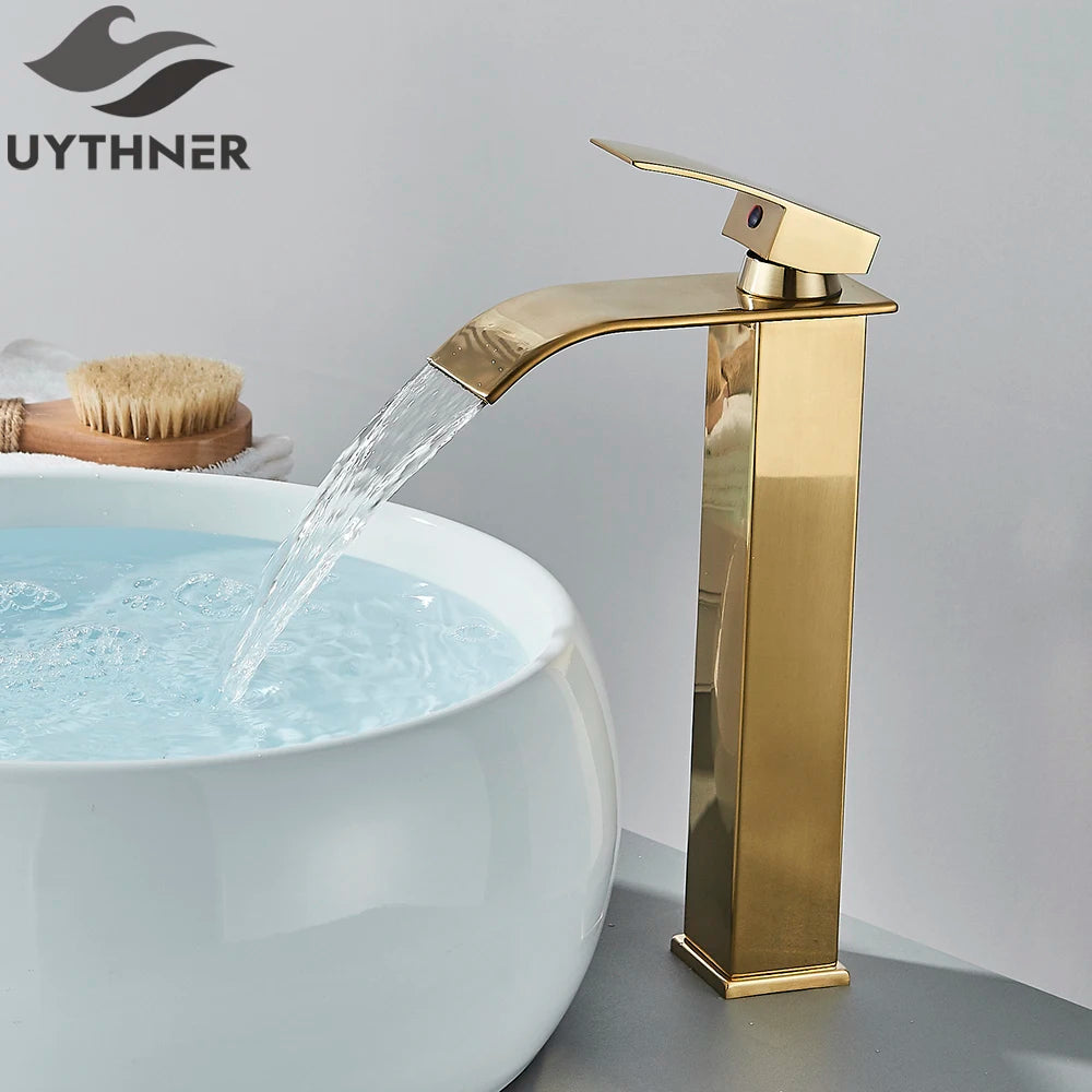 Brushed Gold Waterfall Bathroom Sink Faucet Mixer - Smarsty