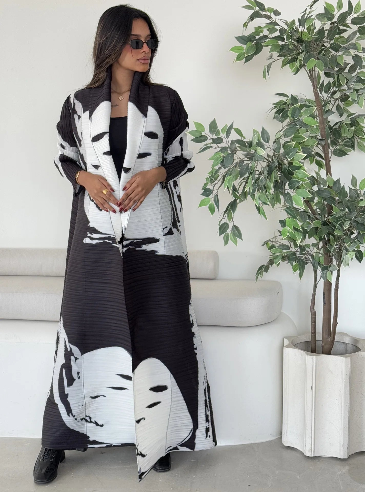 Women's Fold Miyake Pleated Abaya Long Sleeve Print Foldable Collar Robe Cardigan Coat New Winter Fashion Original Design 2024 - Smarsty