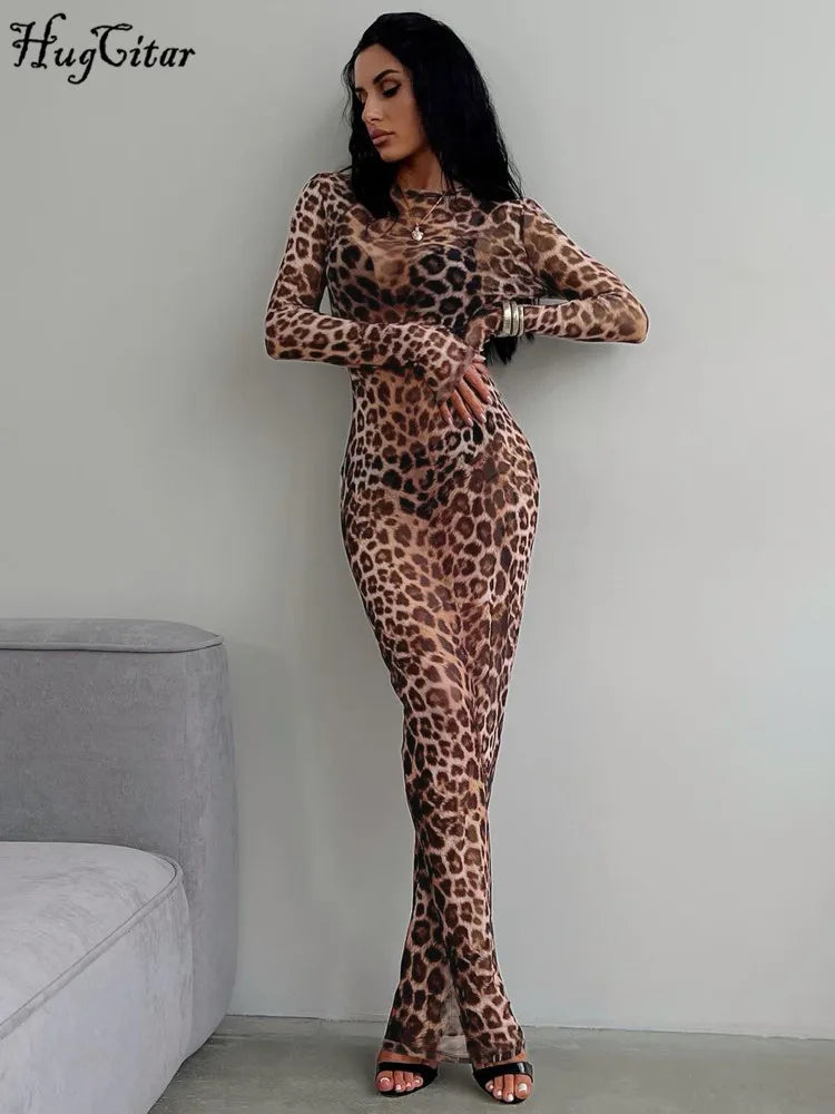 Hugcitar Leopard Print Mesh Long Sleeve Sexy Slim See Through Maxi Dress Fall Women Fashion Outfits Beach Vacation Club