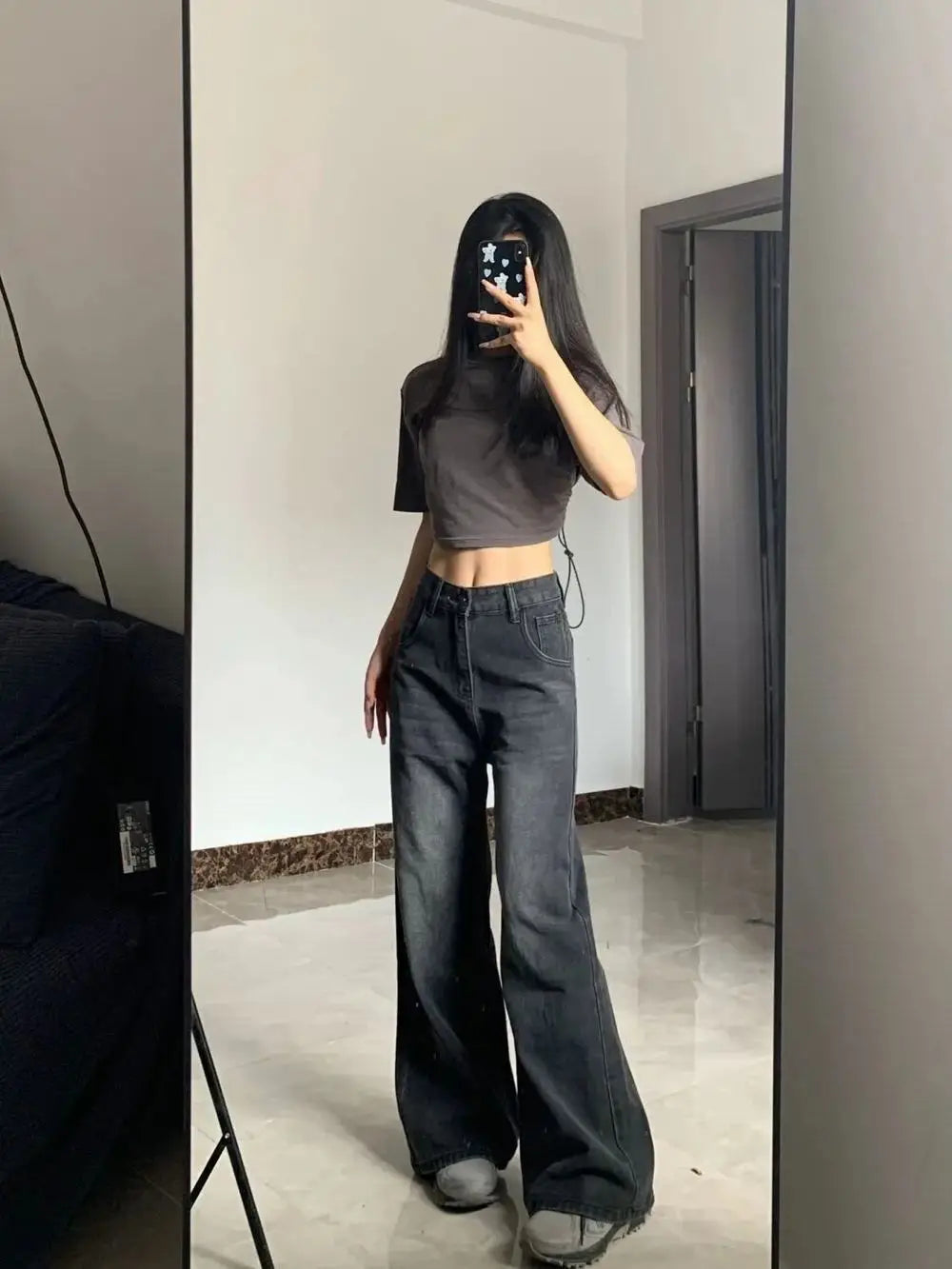 Korean Vintage High Waist Women's Jeans Y2K Slimming Pear-Shaped Loose Straight Bell Bottoms Black Gray Baggy Denim Trousers - Smarsty