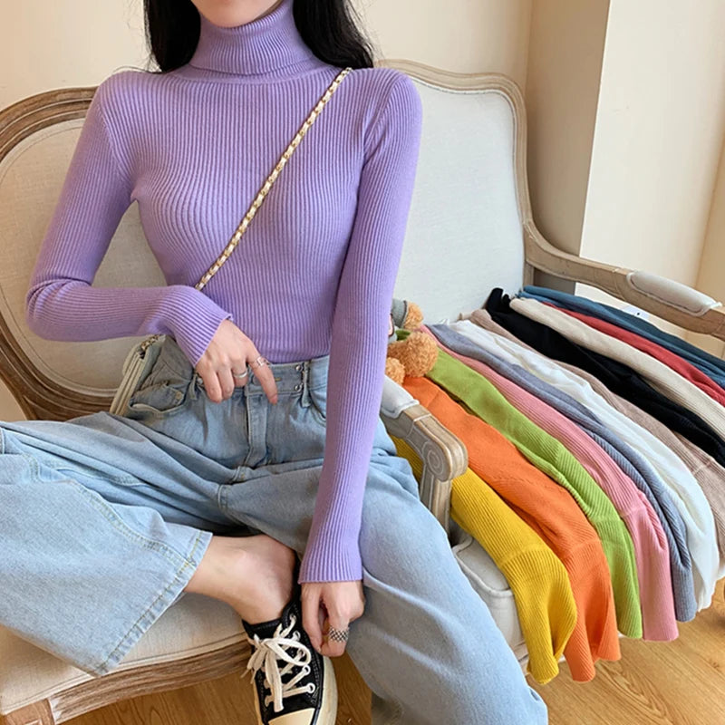 2025 Autumn Winter Women Long Sleeve Knitted Foldover Turtleneck Ribbed Pull Sweater Soft Warm Femme Jumper Pullover Clothes - Smarsty