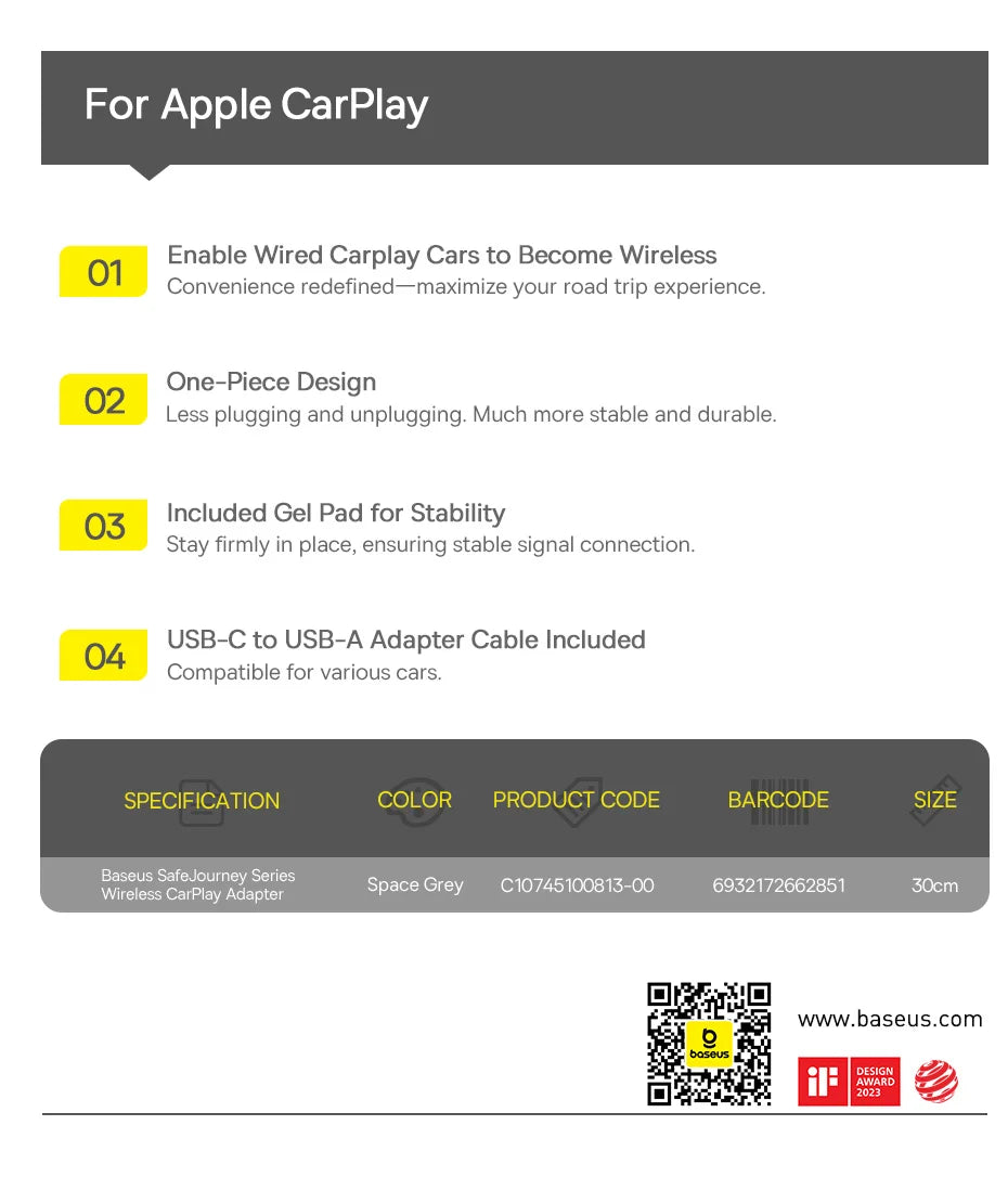 Wireless CarPlay Adapter Plug and Play Auto Connect - Smarsty