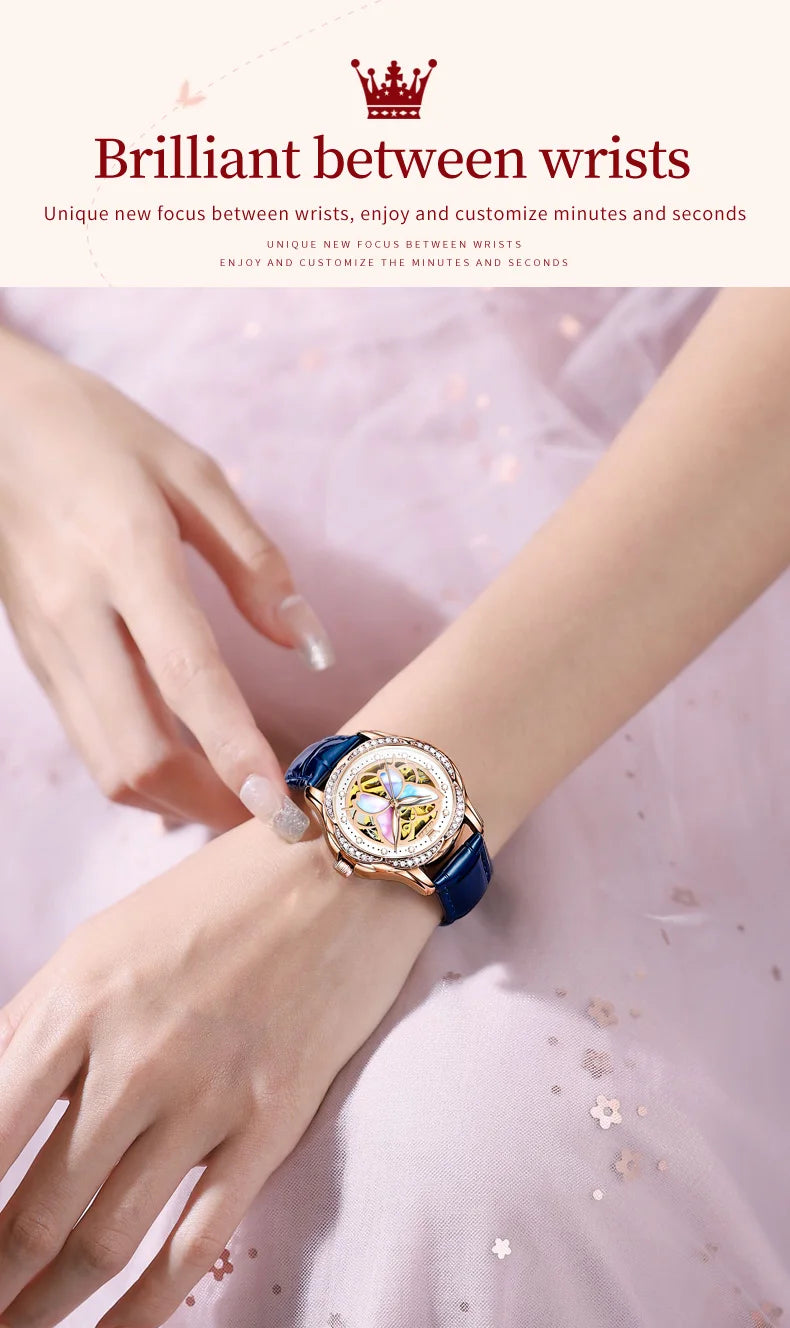 OLEVS 6615 Womens Watch Original Bezel Ceramic Mechanical Automatic Wristwatch Waterproof Luminous Ladies Watch Butterfly Dial - Smarsty