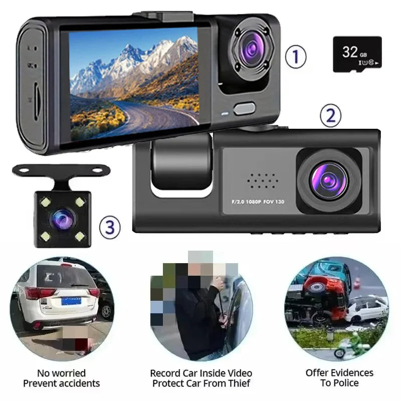 Dash Cam W/ IR Night Vision Loop Recording & 2" IPS Screen 1080P 3 Camera , DVR recorder, video recorder, Vehicle DVR - Smarsty