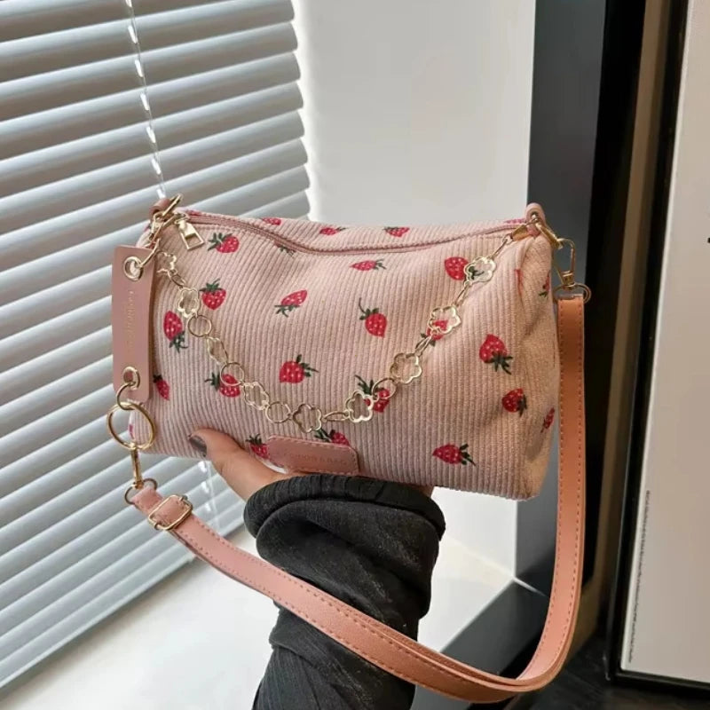 Corduroy Underarm Bag For Women Strawberry Print Mini Tote - Smarsty