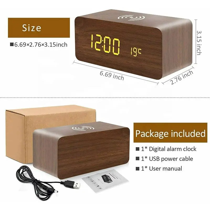 Wooden Digital Alarm Clock with Wireless Charging Feature - Smarsty