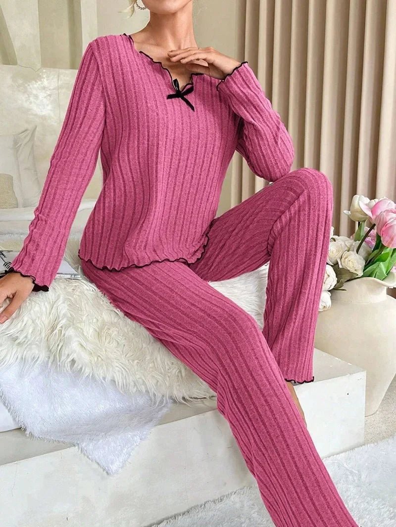 Women Autumn Winter Sleepwear Ribbed Pajamas Set Long Sleeve Top and Long Pants 2 Piece Set Casual Homewear Loungewear - Smarsty